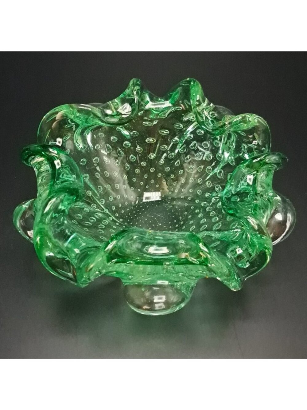 Murano Green Art Glass Bowl Ashtray Scalloped Edge Bubble Design Vintage MCM